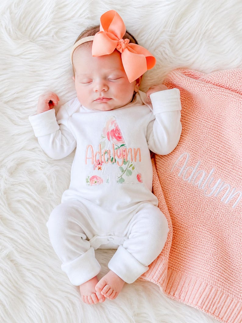 Personalized Baby Outfit Take Home Newborn Girl Clothing Custom Name Embroidered Romper Coming Home Hospital Photos Ready Peach Floral Design Soft Fabric Infant Wear Baby Shower Gift Keepsake Special Moments First Outfit Bring Baby Girl