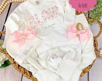 Going home outfit baby outfit girl Personalized Baby Girl Outfit Set Soft Pink and green Coming Home Outfit Baby Girl Shower Gift Outfit