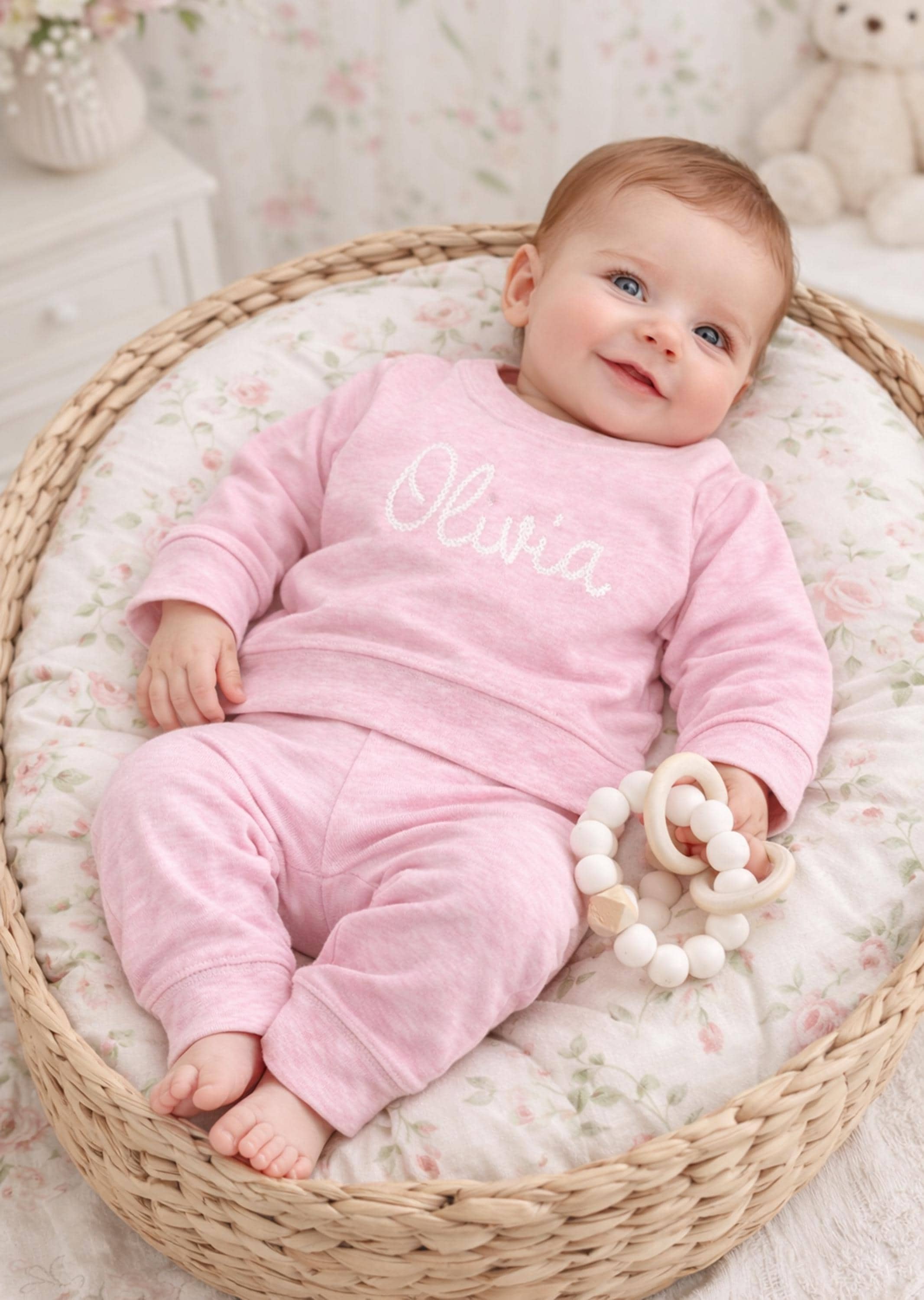 Custom Baby Girl outfit Jogger Set in Pink Embroidered Shirt and Pants Set for Baby Girls First Birthday Party Outfit