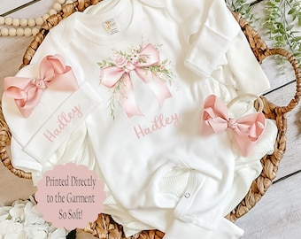 personalized baby Girl Swaddle and Romper: Newborn Coquette Floral Coming Home Outfit Baby Shower Gift Infant Girl Hospital Take Home Outfit
