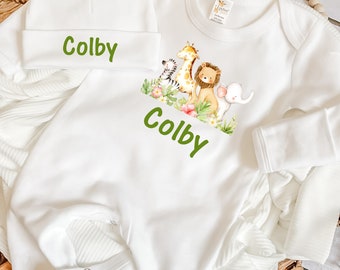 Safari Baby Animals Jungle Baby Animals Personalized Baby Boy Coming Home Outfit Newborn Gift for Boys Customized Going Home Set