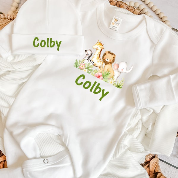 Safari Baby Animals Jungle Baby Animals Personalized Baby Boy Coming Home Outfit Newborn Gift for Boys Customized Going Home Set