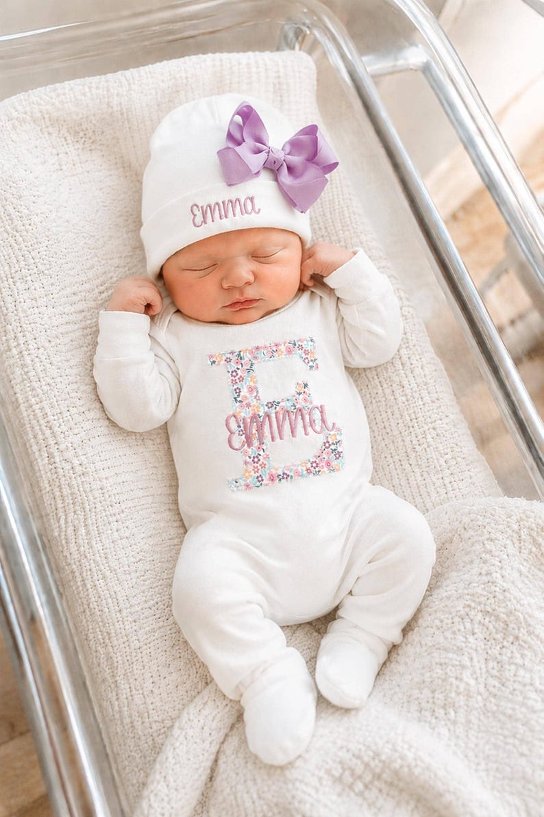 Personalized Baby Girl Coming Home Outfit: Embroidered Floral Initial Footie & Hat