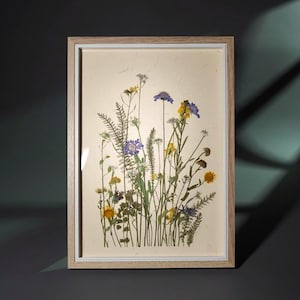 Opera d'arte con fiori pressati - Carta di gelso/fibra naturale - Vera arte botanica - Prato - 24×33 cm