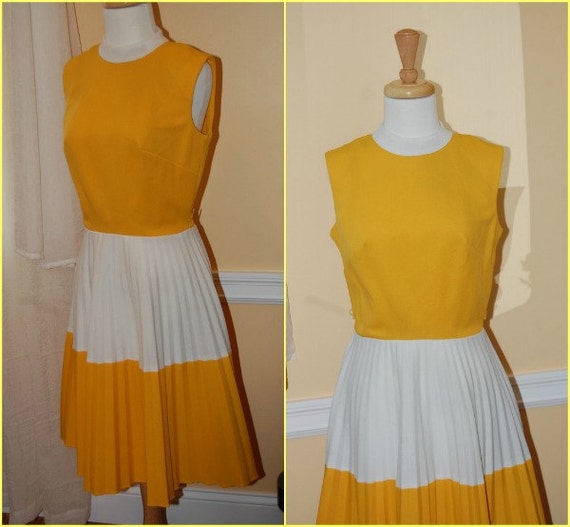 Items similar to Vintage Retro Yellow and White Dress with Pleats on Etsy