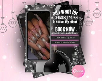 December Nail Tech Flyer, Editable Canva Booking Template, Christmas Flyer, DIY Canva Template (Digital Download)