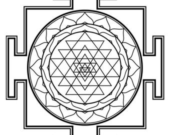 May include: Black and white geometric illustration of a Sri Yantra. The design features interlocking triangles, a central circle, and a square frame with four T-shaped projections. The intricate pattern is a symbol of spiritual significance.