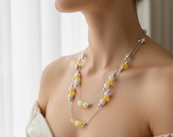 Handmade Layered Beaded Necklace, White and Yellow, Boho Jewelry