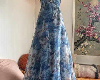 Blue Floral Watercolor Layered Chiffon Maxi Dress Cut Out Back Wedding Medium