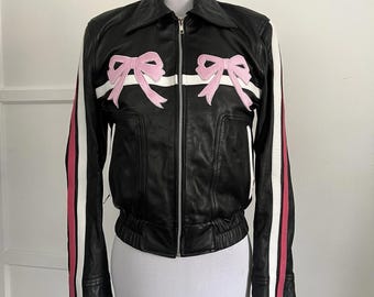 Jackets Junction Real Leather Bomber Jacket M Black Pink Bow Coquette Biker