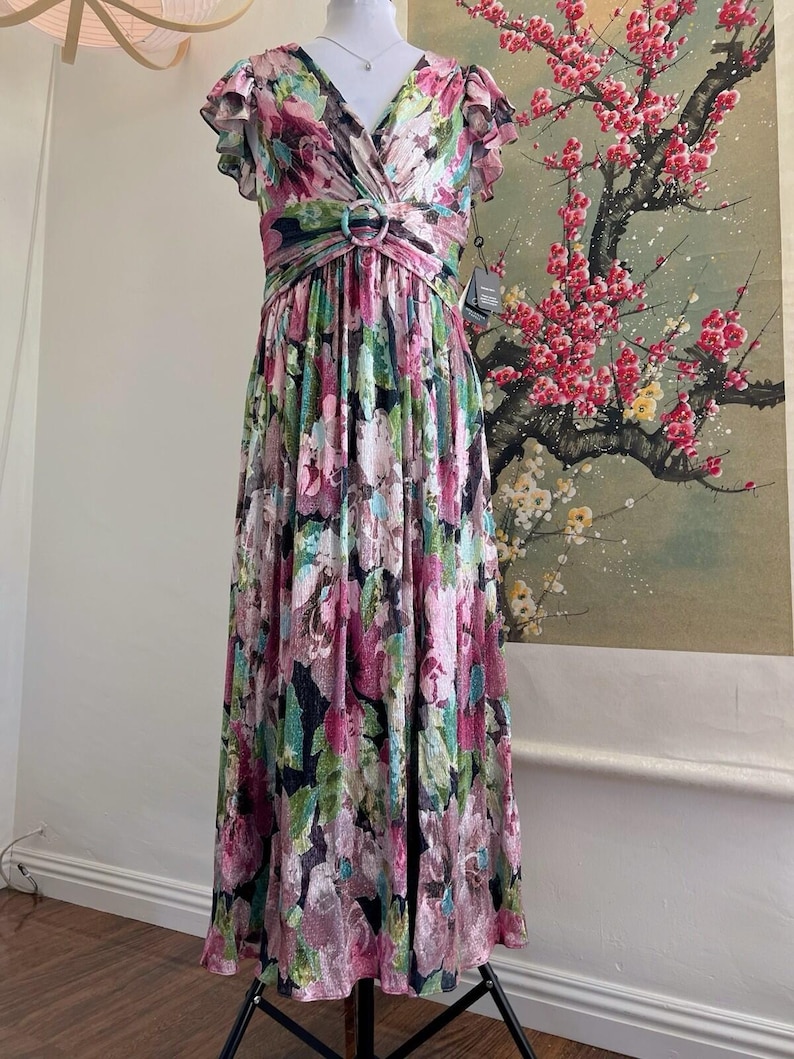 NWT Adrianna Papell Metallic Floral Maxi Dress Sz 8 Pink Green Shimmer Prom Gown image 1