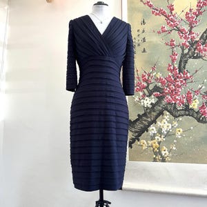 Adrianna Papell Navy Blue Shutter Pleat Dress Bandage Sheath 3/4 Sleeve 4 Formal image 1