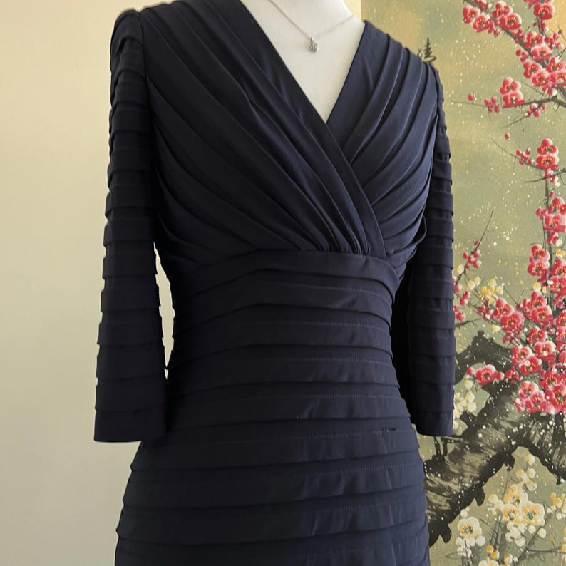 Adrianna Papell Navy Blue Shutter Pleat Dress Bandage Sheath 3/4 Sleeve 4 Formal image 2