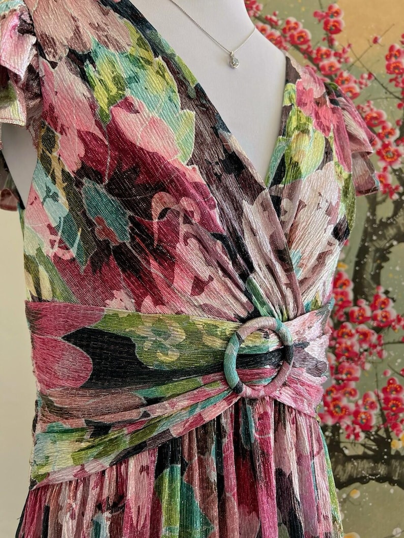NWT Adrianna Papell Metallic Floral Maxi Dress Sz 8 Pink Green Shimmer Prom Gown image 9