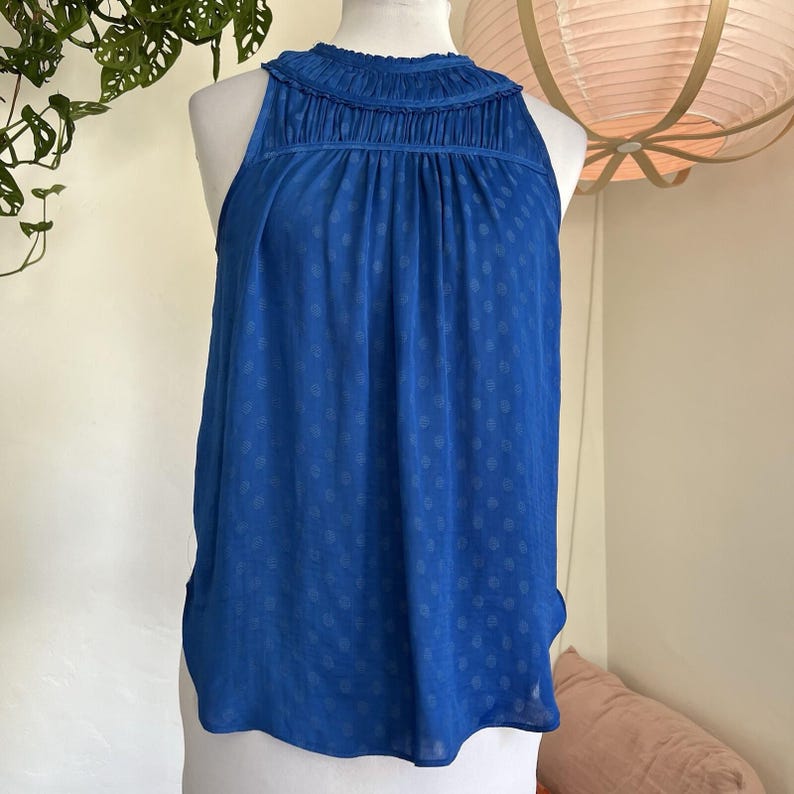 Maeve by Anthropologie Blue Polka Dot Halter Top Size 2 Smocked High Neck Blouse image 1