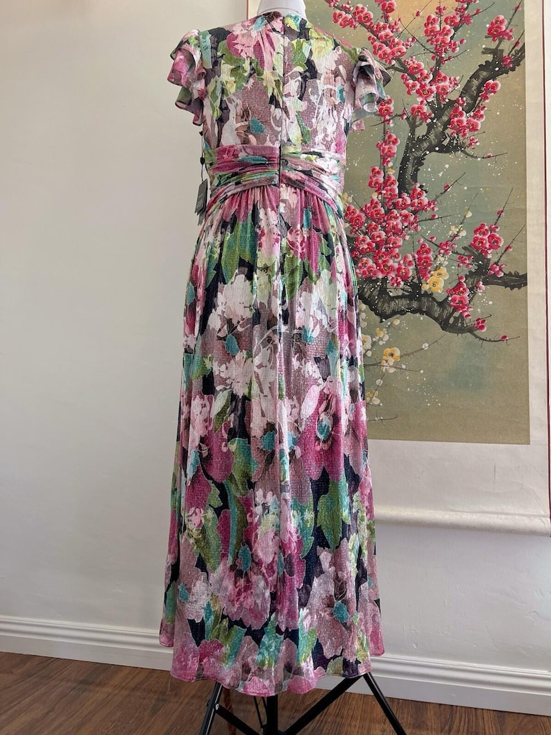 NWT Adrianna Papell Metallic Floral Maxi Dress Sz 8 Pink Green Shimmer Prom Gown image 4