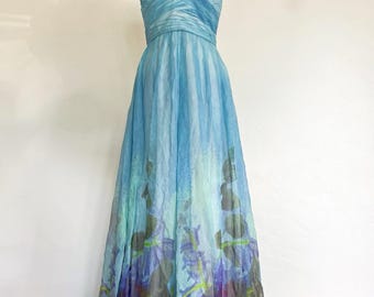 Aidan Mattox 100% Silk Blue Purple Floral Fairy Sirenscape Watercolor Prom Dress