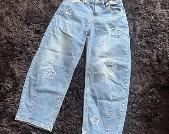 Sidefeel スターパッチ ダメージジーンズ ライトウォッシュ バギー ワイドレッグ デニム サイズ6 Y2K