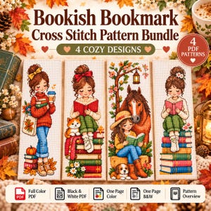 May include: A cross stitch pattern bundle featuring four vertical bookmark designs. Each design depicts a person with brown hair reading books, accompanied by elements like a cat, a horse, a dog, and autumn leaves. Text includes Bookish Bookmark Cross Stitch Pattern Bundle and 4 Cozy Designs.