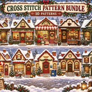Puede incluir: Una ilustración digital de un paquete de patrones de punto de cruz con diez tiendas de pueblo invernal detalladas cubiertas de nieve. La pancarta superior dice CROSS STITCH PATTERN BUNDLE 10 PATTERNS. Un pequeño letrero en primer plano dice Small Stitches Brighter Holidays.