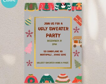May include: A gray invitation for an Ugly Sweater Party. The invitation includes the text "Join us for an Ugly Sweater Party" with the date and time. The invitation is decorated with Christmas sweater designs, snowflakes, and a gift.