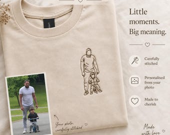 Personalised Photo Embroidered T-Shirt, Custom Line Art Tee, Minimal Father's Day Gift for Dad