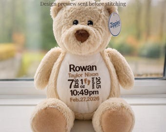 Orsetto di peluche personalizzato da conservare come ricordo – Regalo per neonati con dati di nascita ricamati su misura