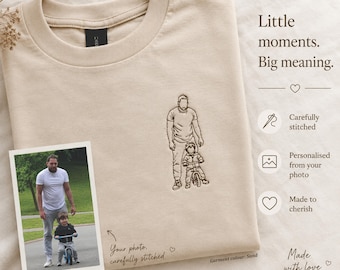 Personalised Photo Embroidered T-Shirt, Custom Line Art Tee, Minimal Father's Day Gift for Dad
