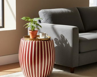 Handgemachter Harz Tisch Inlay Hocker - Rot und Weiß Gestreifter marokkanischer Ottomane