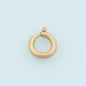 May include: A gold-colored hoop earring with a textured, diamond-patterned surface. The earring has a small ball at the top and a hinged clasp. The design is simple and elegant, suitable for everyday wear.