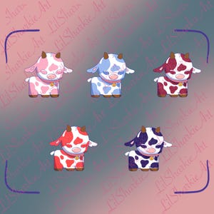 May include: Five cartoon cow illustrations with different color schemes. Each cow has a bell collar and a unique pattern of spots. The cows are pink, blue, red, red and white, and purple and white. The background is a gradient of pink and teal.