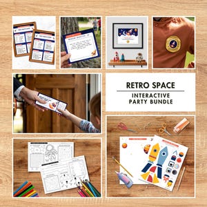 May include: A collection of space-themed party materials including printed mission cards, a framed certificate, a gold academy badge, activity sheets with astronaut and rocket graphics, and cut-out rocket shapes with the text RETRO SPACE INTERACTIVE PARTY BUNDLE.