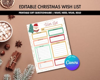 May include: A printable Christmas wish list with colorful boxes for gift ideas. The text reads "Editable Christmas Wish List" and "Printable Gift Questionnaire | Want, Need, Wear, Read." A Santa and Christmas tree graphic is in the upper left corner.