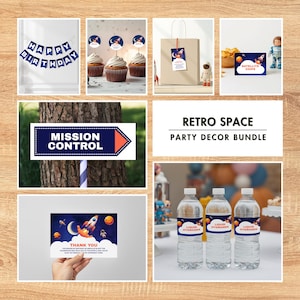 May include: A retro space party decor bundle featuring a Happy Birthday banner, rocket cupcake toppers, a Mission Control sign, thank you cards, and water bottle labels with the text Liquid Hydrogen, all designed with a space-themed graphic.