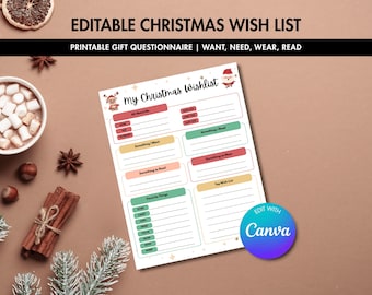 Editable Christmas Wish List, Secret Santa Gift Questionnaire (8.5x11 Digital Download)