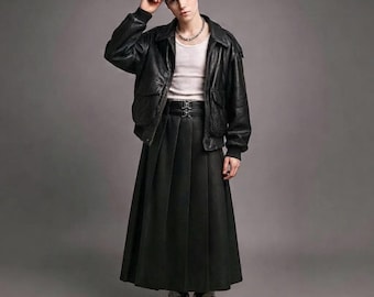 Handgefertigter Maxi-Kilt aus echtem Leder | Gothic-Faltenrock | Steampunk-Mittelalter-Outfit