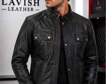 Schwarze Echtleder Motorradjacke für Herren - Handgefertigter Bikermantel-Stil