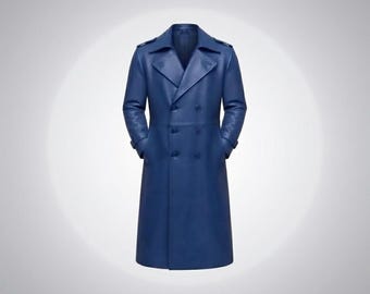 Handmade Royal Blue Leather Long Coat, Unisex Gothic Steampunk Trench Overcoat, Vintage Blue Leather Jacket, Alternative Fashion