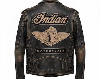 Chaqueta de motociclista india de cuero desgastado para hombre – Estilo vintage con parche trasero