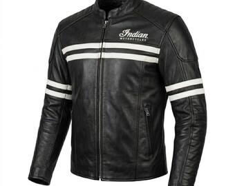 Indian Motorcycle Herren-Lederjacke im Café-Racer-Stil, Vintage-Biker-Look, Motorradjacke aus echtem Rindsleder