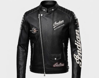 Handgefertigte schwarze Leder-Motorradjacke im Indian Motorcycle-Stil, Vintage-Bikerjacke