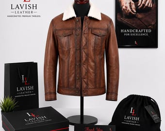 Herren Braun Lederjacke mit Lammkragen | Vintage Distressed Ledermantel | Handgefertigte Echtleder Trucker Jacke | Winter Geschenk