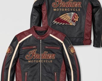 Bestickte Lederjacke von Indian Motorcycle aus Rindsleder | Schwarz-Burgunderroter Biker-Stil