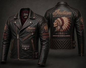 Chaqueta de cuero de vaca estilo Indian Motorcycle, abrigo de motociclista vintage para hombre.