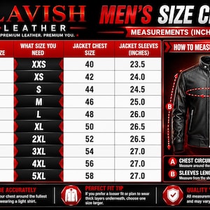 Puede incluir: Una tabla de tallas de chaquetas Lavish Leather con medidas de pecho de 36 a 56 pulgadas, tallas de XXS a 5XL y longitudes de manga. Incluye un diagrama de una chaqueta de cuero negra con gu&iacute;as de medici&oacute;n detalladas.