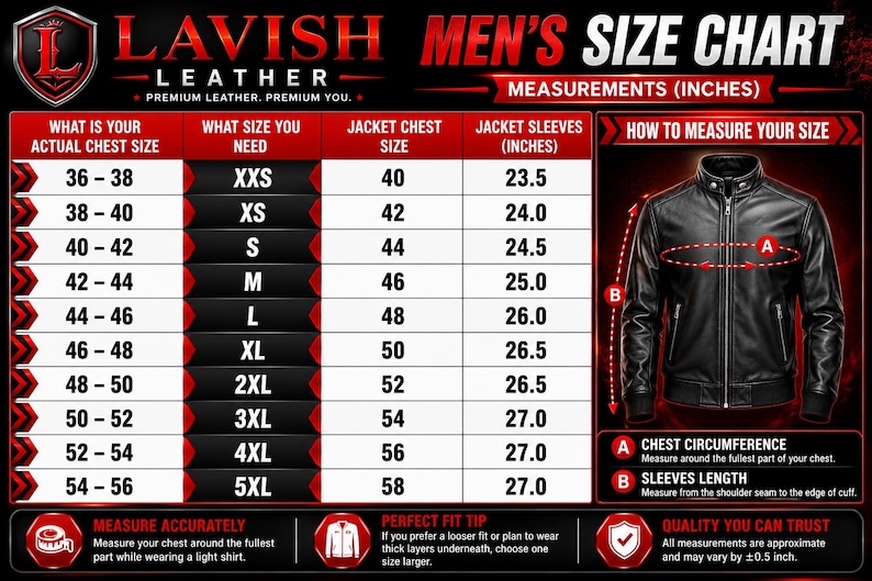Puede incluir: Una tabla de tallas de chaquetas Lavish Leather con medidas de pecho de 36 a 56 pulgadas, tallas de XXS a 5XL y longitudes de manga. Incluye un diagrama de una chaqueta de cuero negra con gu&iacute;as de medici&oacute;n detalladas.