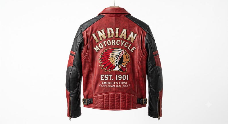Puede incluir: Una chaqueta de moto de cuero roja y negra con el texto INDIAN MOTORCYCLE, un gr&aacute;fico de una persona con tocado y el texto EST. 1901 AMERICA'S FIRST SINCE 1901 en la espalda. La chaqueta tiene mangas largas, un cuello y hebillas.