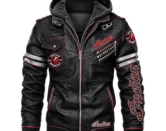 Chaqueta de cuero negra y roja hecha a mano estilo motero, bordado personalizado, unisex.