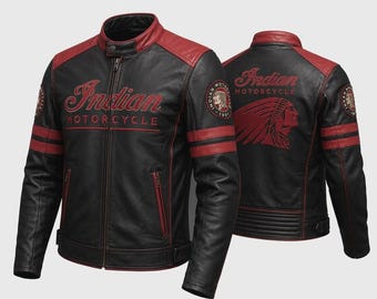 Schwarze und rote Lederjacke im Indian Motorcycle-Stil, Herren-Bikerjacke