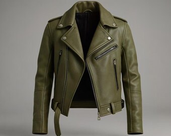 Handgefertigte Bikerjacke aus olivgrünem Rindsleder im Vintage-Motorradstil
